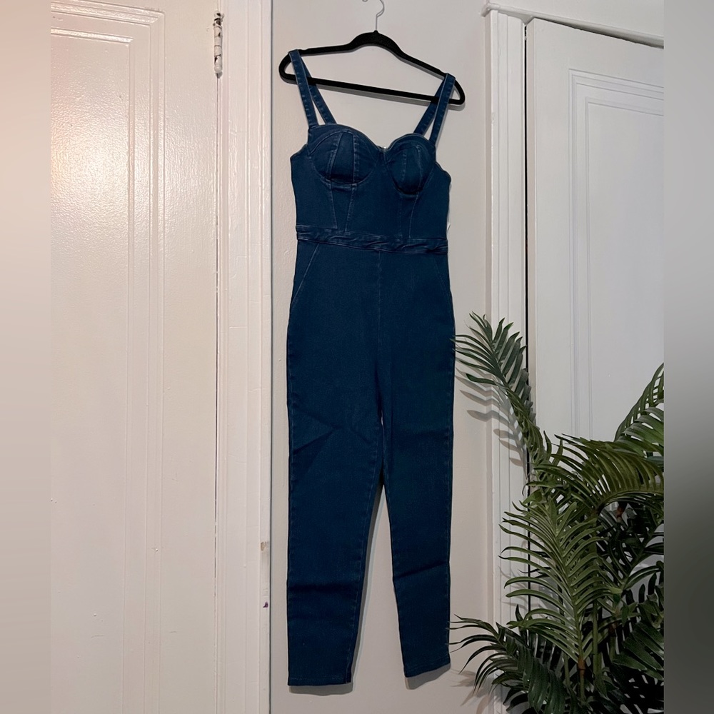 Sexy women’s denim jumpsuit one piece outfit.